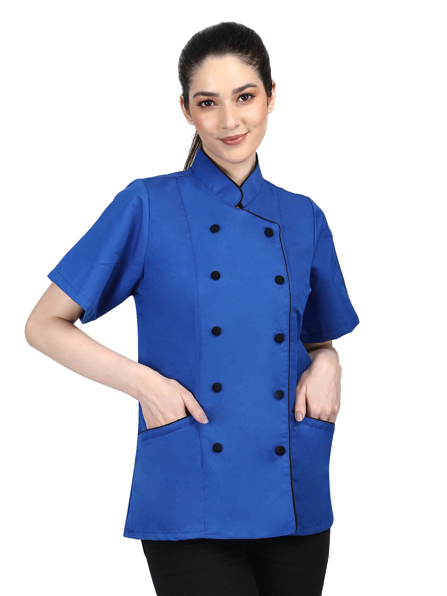 Short Sleeves Tailored Fit Chef Coat Jacket Uniform for Women for Food Service, Caterers, Bakers and Culinary Professional – Royal Blue